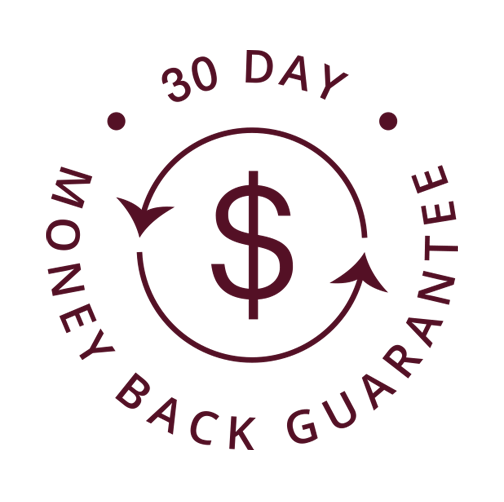 A product guarantee badge on a beige background featuring a circular emblem with a dollar sign symbol and arrows indicating a refund process. The text '30 DAY MONEY BACK GUARANTEE' curves around the circle. Below the emblem, the text '30 day guarantee' appears in a stylish italic font.