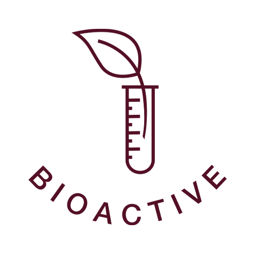 A product ingredient badge on a beige background featuring a circular emblem with a test tube and leaf symbol. The text 'BIOACTIVE' curves along the bottom of the circle. Below the emblem, the text 'bioactive, bioavailable & vegan' appears in an italic font.