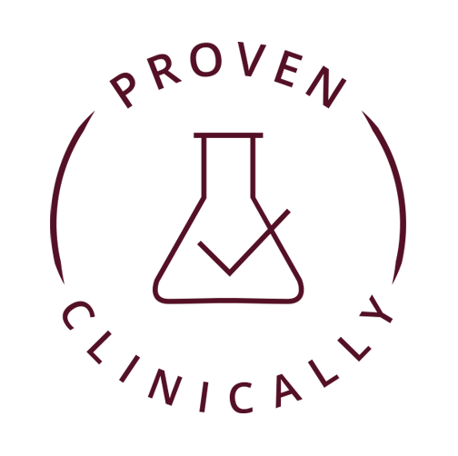 A product quality badge on a beige background featuring a circular emblem with a simple line drawing of a laboratory flask. The text 'PROVEN CLINICALLY' curves around the circle. Below the emblem, the text 'clinically-proven' appears in an elegant italic font.