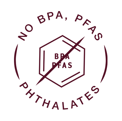 A product safety badge on a beige background featuring a circular emblem with a crossed-out chemical structure symbol. The text 'NO BPA, PFAS, PHTHALATES' curves around the circle. Below the emblem, the text 'no bpa, pfas, phthalates' appears in an italic font.