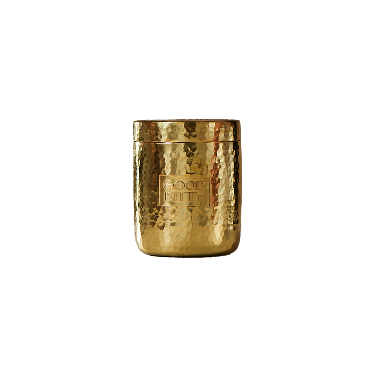 Close-up of a hammered gold Good Kitty container with lid, featuring the embossed Good Kitty logo on its textured metallic surface against a neutral background.