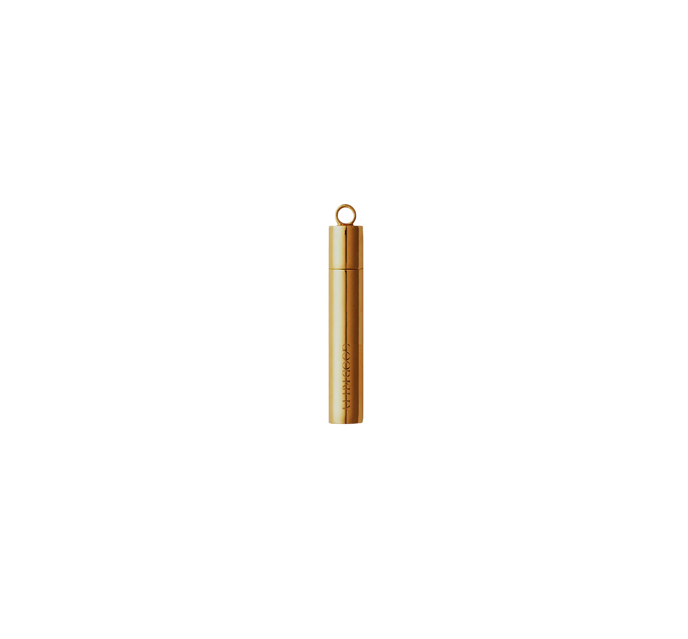 Gold cylindrical pill case pendant with ring attachment and embossed Good Kitty branding against a minimal beige background.