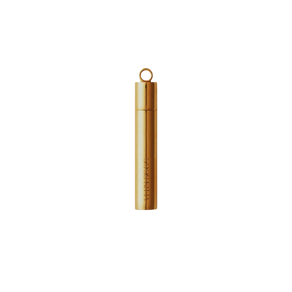 Gold cylindrical pill case pendant with ring attachment and embossed Good Kitty branding against a minimal beige background.