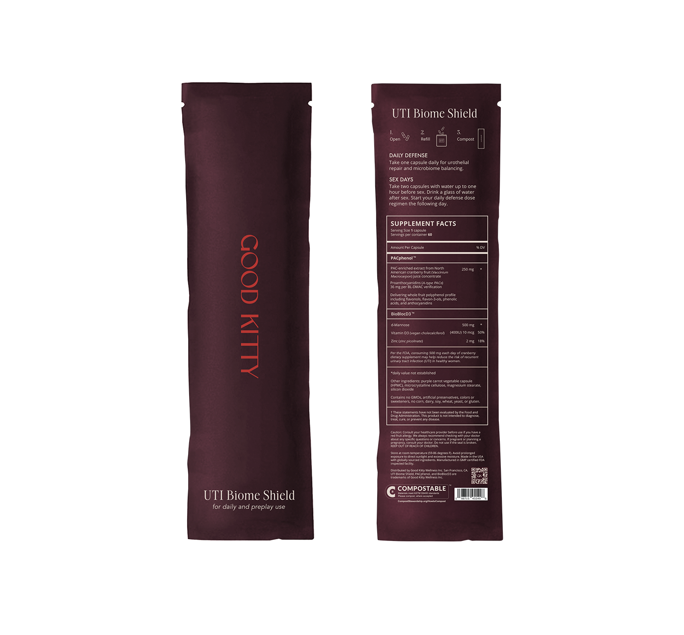 Front and back of the UTI Biome Shield packaging. The front features "GOOD KITTY" in red text with "UTI Biome Shield for daily and preplay care" at the bottom. The back contains usage instructions for both daily defense (one capsule daily) and sex days (two capsules with water up to one hour before sex), along with the supplement facts and ingredient information. The packaging is compostable, as indicated by a compostable symbol at the bottom.