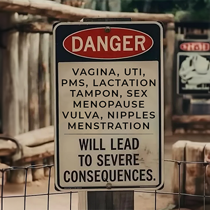 Sign with humorous and explicit text about body parts and health conditions, outdoors.