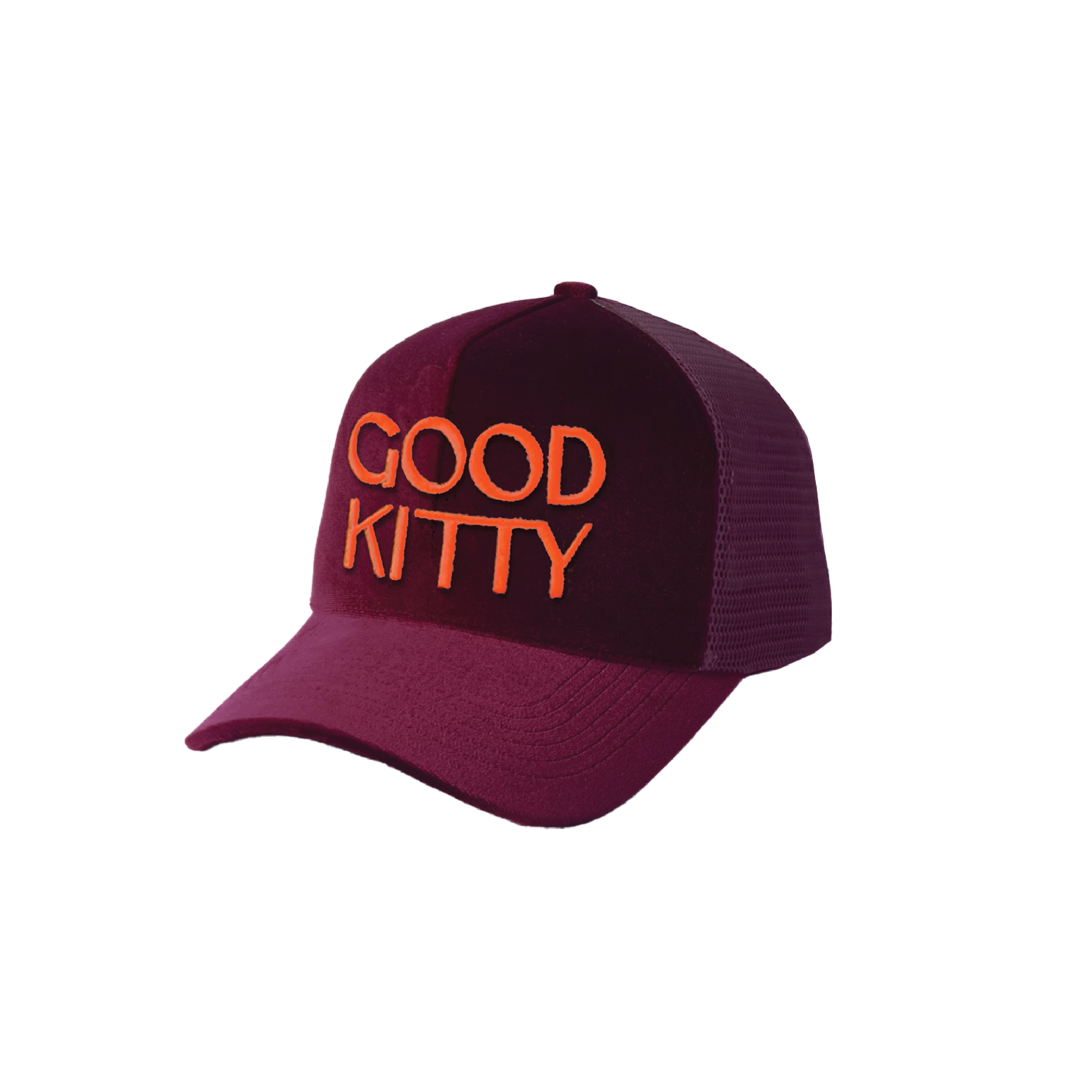 A burgundy velvet trucker hat with mesh back panels featuring bright coral 'GOOD KITTY' text on the front, photographed against a white background.