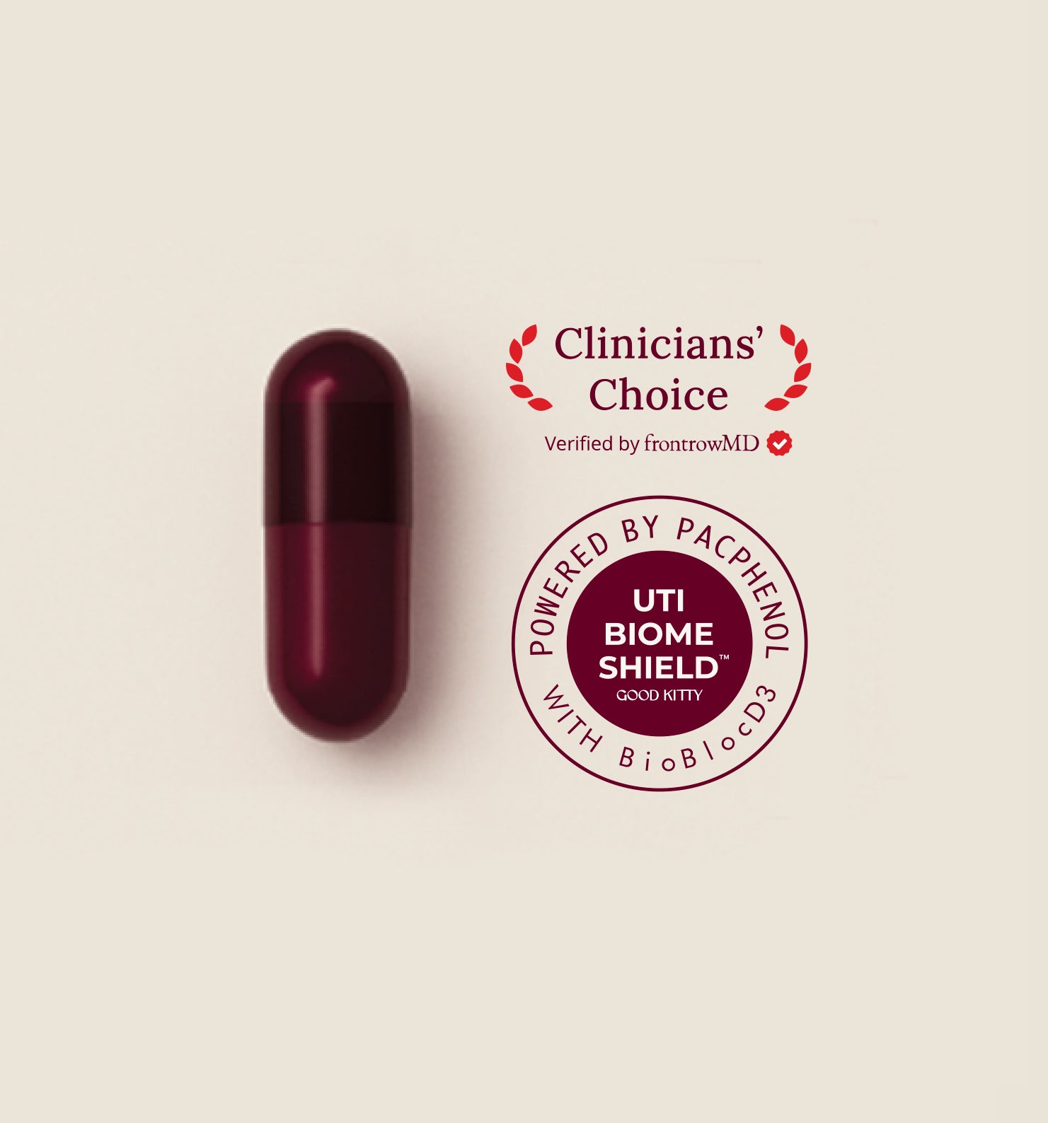 Red capsule pill with 'Clinicians' Choice' and 'UTI Biome Shield' labels on a beige background