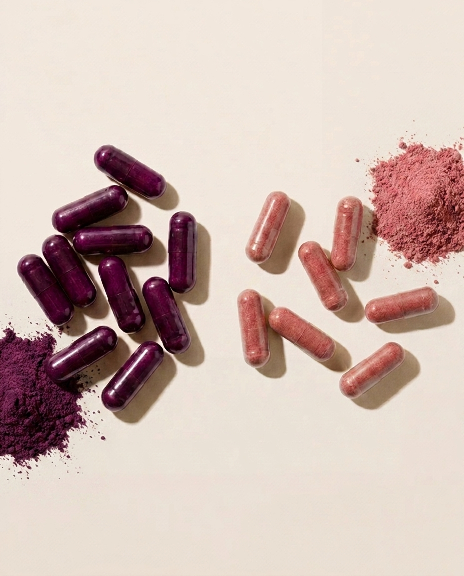 Purple and red capsules with powders on a beige background