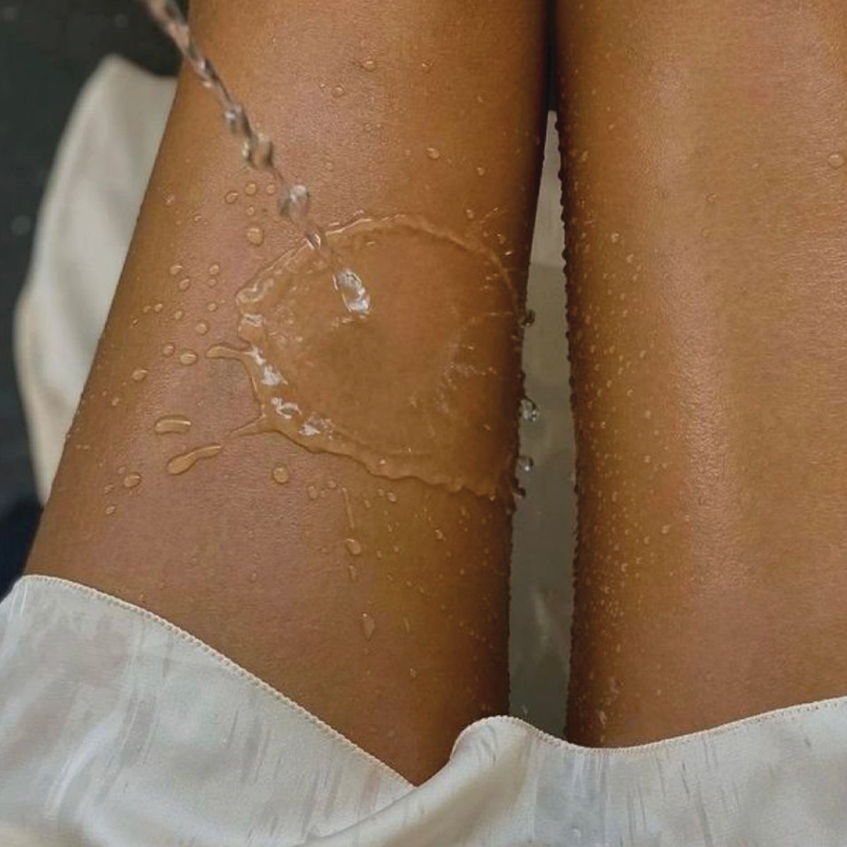 Close-up of a person's leg with water droplets on skin