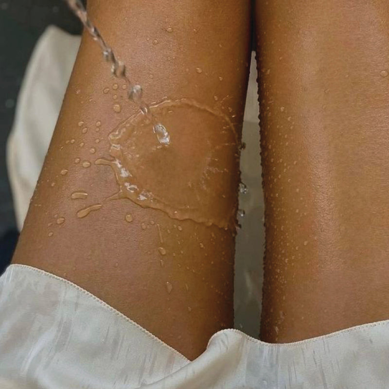 Close-up of a person's leg with water droplets on skin