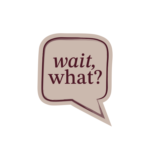 Beige speech bubble with 'wait, what?' text on a white background